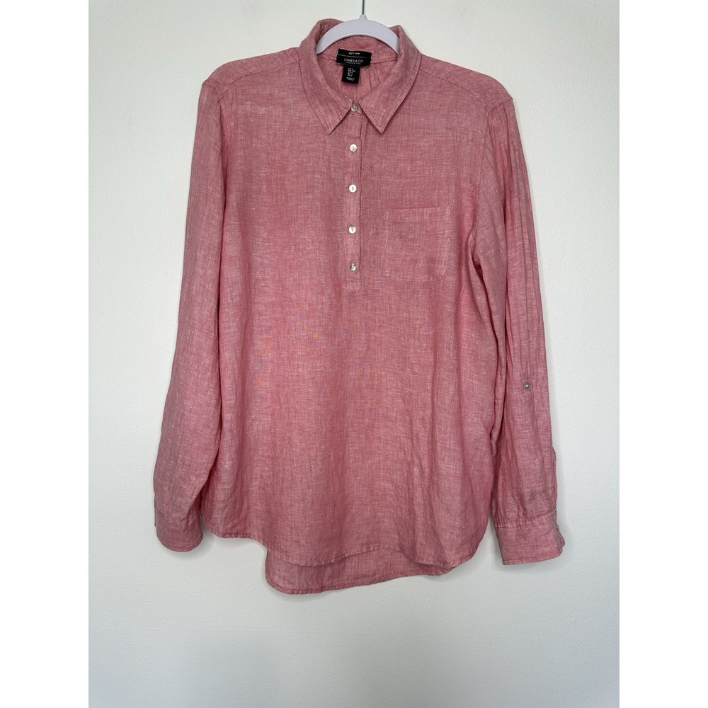 Jones New York Popover Linen Tunic Shirt Size L Pink Roll tab Sleeve
